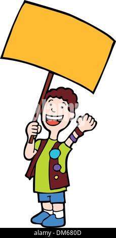 smiling boy holding blank sign with two hands vector illustration ...