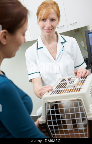 Owner Taking Cat To Vets In Carrier Stock Photo