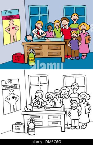 Cartoon image of a CPR training class - both color and black / white ...