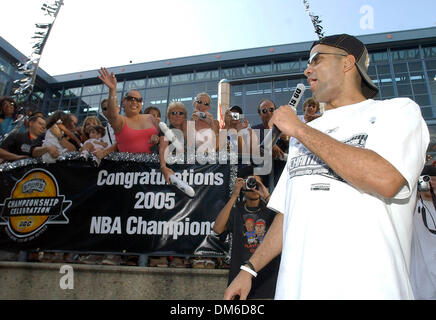 Jun 25, 2005; San Antonio , TX, USA;  Spurs' TONY PARKER speaks to fans during the championship parade through the River Center Lagoon Saturday June 25, 2005.  Mandatory Credit: Photo by EA Ornelas/San Antonio Express-News/ZUMA Press. (©) Copyright 2005 by EA Ornelas/San Antonio Express-News Stock Photo