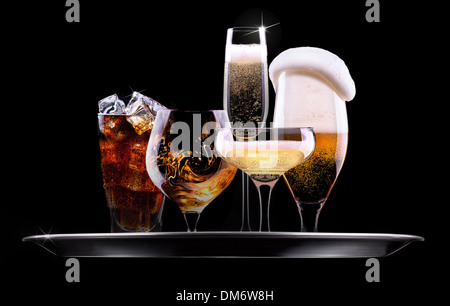 tray with different drinks on black background - champagne, beer, cocktail, wine, brandy, whiskey, scotch, vodka, cognac Stock Photo