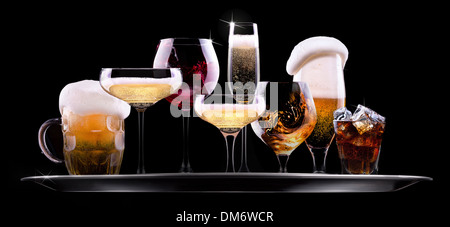 tray with different drinks on black background - champagne, beer, cocktail, wine, brandy, whiskey, scotch, vodka, cognac Stock Photo