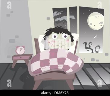 Ill boy with thermometer lying in the bed Stock Vector