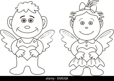 Girl and boy angels with hearts, contours Stock Vector