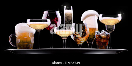 tray with different drinks on black background - champagne, beer, cocktail, wine, brandy, whiskey, scotch, vodka, cognac Stock Photo