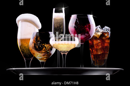 tray with different drinks on black background - champagne, beer, cocktail, wine, brandy, whiskey, scotch, vodka, cognac Stock Photo