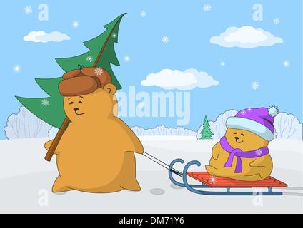 Father with a fur-tree and child Stock Vector