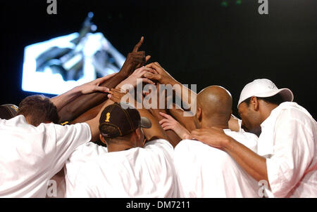 Jun 25, 2005; San Antonio , TX, USA;  Members of the Spurs huddle during the championship celebration held Saturday June 25, 2005 at the Alamodome. Mandatory Credit: Photo by EA Ornelas/San Antonio Express-News/ZUMA Press. (©) Copyright 2005 by EA Ornelas/San Antonio Express-News Stock Photo