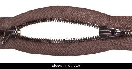 two sliders on metallic brown zip fastener close up isolated on white background Stock Photo