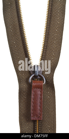 green and brown zip fastener close up isolated on white background Stock Photo