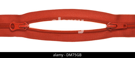 two sliders on red closed-ended zip fastener close up isolated on white background Stock Photo