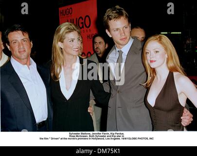 Sylvester Stallone, Jennifer Flavin, Kip Pardue,. Rose McGowan. Both Sylvester and Kip star in .the film '' Driven'' at the movie's premiere in Hollywood, Los Angeles. 16/4/1