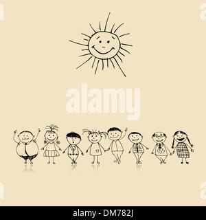 Happy big family smiling together, drawing sketch Stock Vector