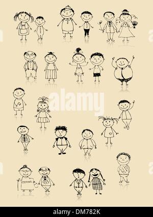 Happy big family smiling together, drawing sketch Stock Vector