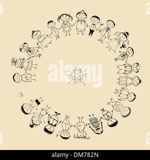 Happy big family smiling together, drawing sketch Stock Vector