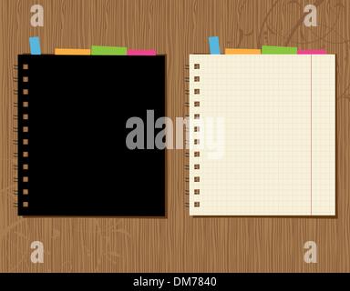 Notebook cover and page design on wooden background Stock Vector