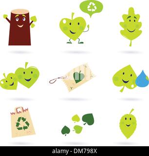 Leaf characters and nature icons isolated on white background ( green ) Stock Vector