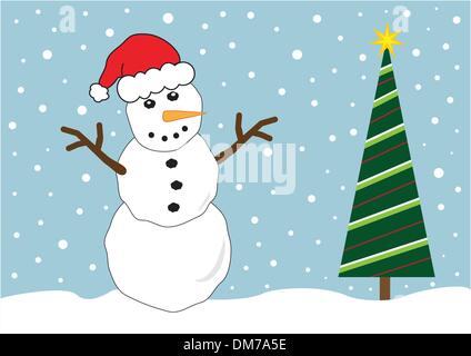 Snowman with Christmas Tree Stock Vector