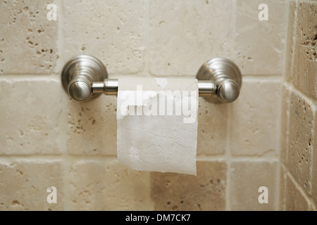 close up of wall mounted toilet roll holder with empty toilet paper roll in a french hotel. paris, france, europe Stock Photo