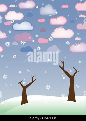 Retro Snowy Landscape with Leafless Trees - Season Winter Stock Vector