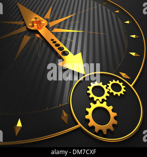 Cogwheel Gear Icon on Golden Compass. Stock Photo