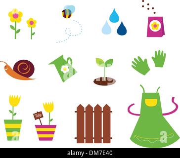 Spring, garden & agriculture symbols and elements - green, yellow, pink Stock Vector
