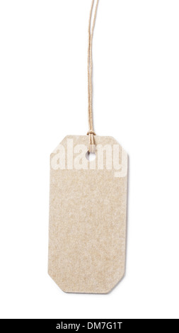 price tag on waxed cord from recycled paper, white background Stock Photo