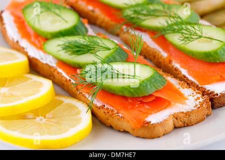 Salmon sandwiches with fresh and pickled cucumber and lemon on plate closeup image. Stock Photo