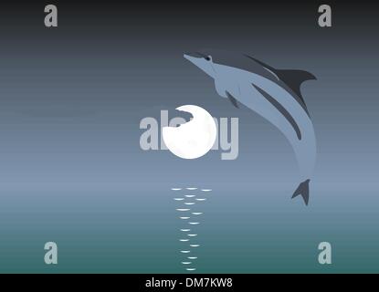 Illustration of a jumping dolphin over a moonlight Stock Vector