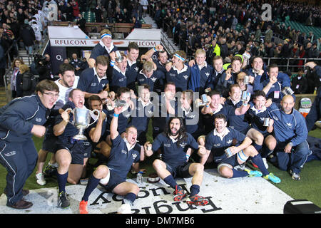 London, UK. 12th Dec, 2013. Oxford celebrate their Varsity Rugby Match win over Cambridge from Twickenham Stadium. Credit:  Action Plus Sports/Alamy Live News Stock Photo