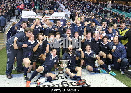 London, UK. 12th Dec, 2013. Oxford celebrate their Varsity Rugby Match win over Cambridge from Twickenham Stadium. Credit:  Action Plus Sports/Alamy Live News Stock Photo