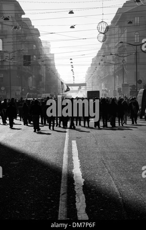 Milan, Italy. December 2013. The so-called 'Pitchfork' (Forconi) protest demonstrators invading Buenos Aires street Stock Photo