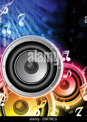 Disco Speaker with Music Notes in Neon Rainbow Circle Stock Vector