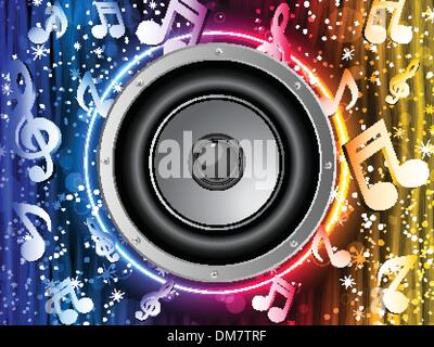 Disco Speaker with Music Notes in Neon Rainbow Circle Stock Vector