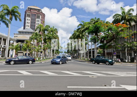 Typical traffic on Place D'armes, one of Port Louis busy roads, Port Louis, Mauritius. Stock Photo