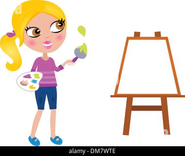 Cartoon happy little Painter girl with paint brush Stock Vector