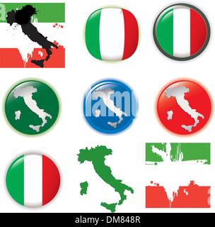 Italy, Italian flag, map and glossy button, vector illustration set. Stock Vector