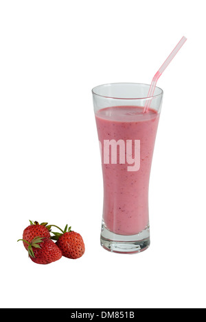 Strawberry milkshake in a tall glass isolated on white Stock Photo