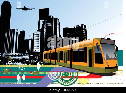 Abstract urban hi-tech background with tram on city background. Stock Vector