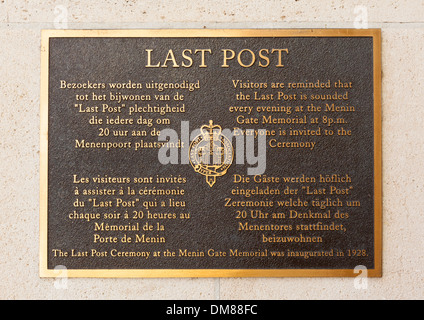 Last Post information plaque, Menin Gate First World War Memorial, Ypres, Belgium Stock Photo