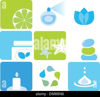 Natural cosmetics and spa icons and elements - blue, green Stock Vector