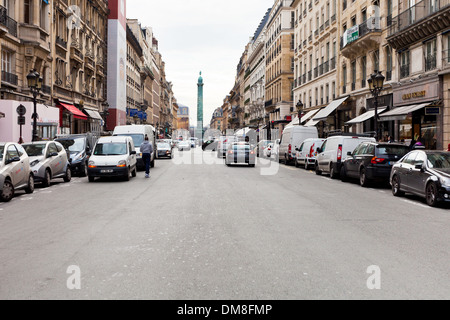 view of Vendome column from Rue de la Paix, Paris Stock Photo