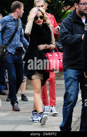 Rita Ora on location set for BBC Radio One new Breakfast Show with Nick Grimshaw London England - 30.08.12 Stock Photo