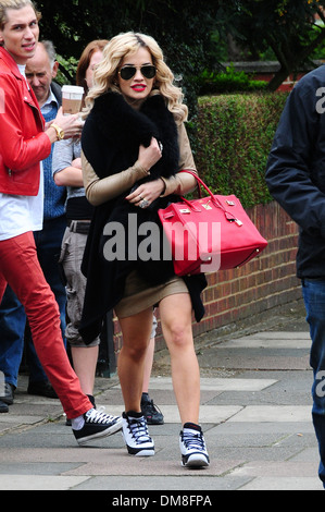 Rita Ora on location set for BBC Radio One new Breakfast Show with Nick Grimshaw London England - 30.08.12 Stock Photo