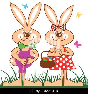 Funny rabbits with basket of easter eggs Stock Vector