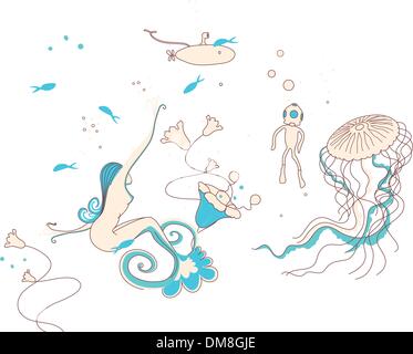 Mermaid swimming in the water surrounded by sea objects Stock Vector