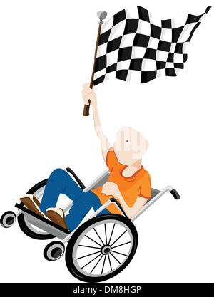 Young handicapped man in wheelchair with winner flag. Stock Vector
