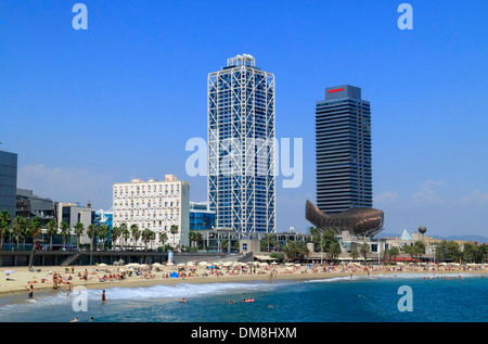 Barceloneta Beach, with giant bronze fish sculpture by Frank Gehry ...