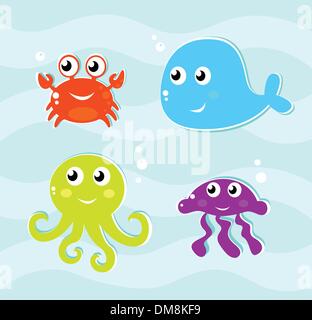 Cute water animals icons collection isolated on water suface Stock Vector