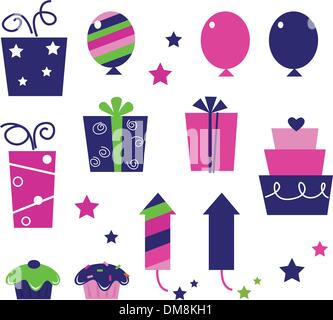 Birthday party icons and elements isolated on white - pink, blue Stock Vector
